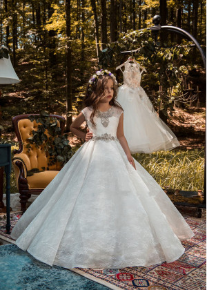 Luxury Beaded Ivory Allover Lace Flower Girl Dress